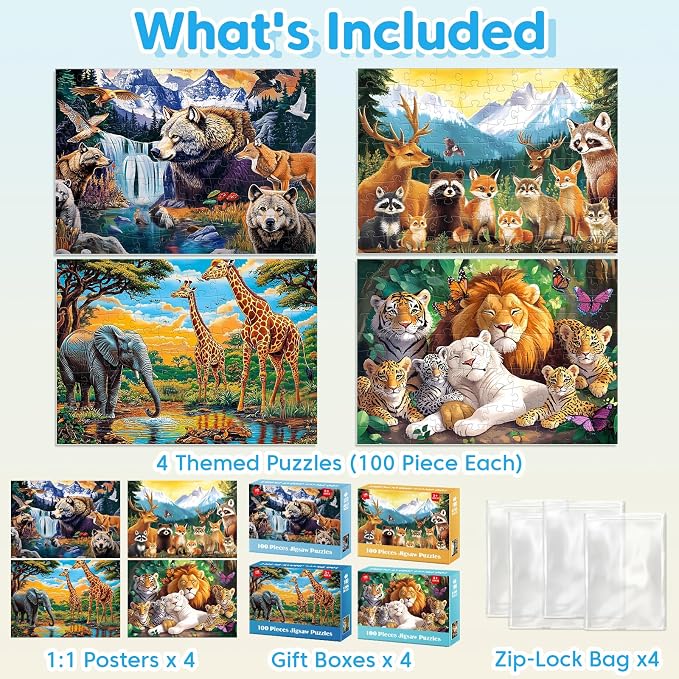 Jeacirio Kids Puzzles Ages 5-8 - Wild Animals Puzzles 100 Piece Jigsaw Puzzles for Kids Ages 4-6 Toddler Puzzle, World of Animals Collection Puzzles Gift Educational Toys for Boys and Girls 4-Pack