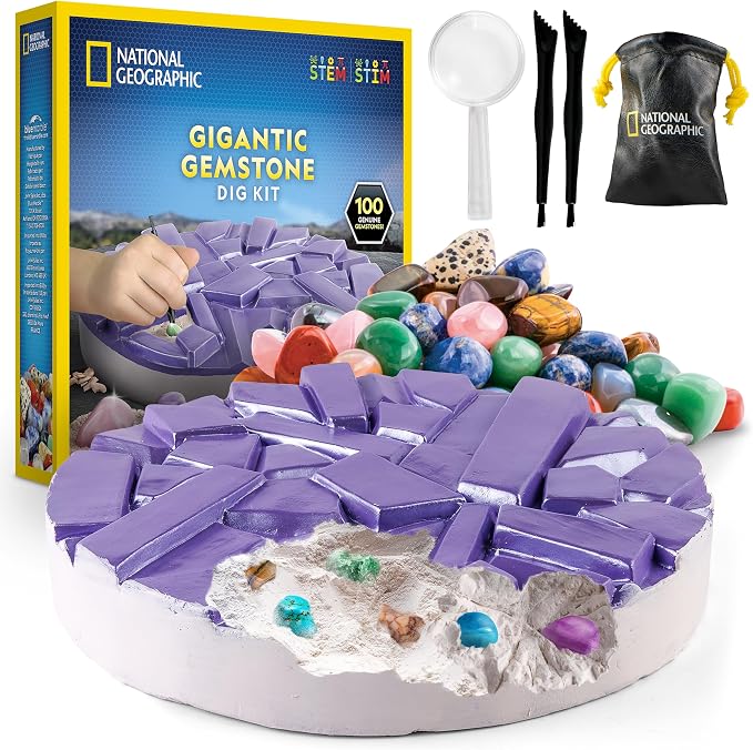 National Geographic Gigantic Gemstone Dig Kit with 100 Real Gems | Giant Dig Brick, Amethyst Quartz and Tiger's Eye, Gem Mining Activity, Excavation Tools, Magnifying Glass, Birthday Gift