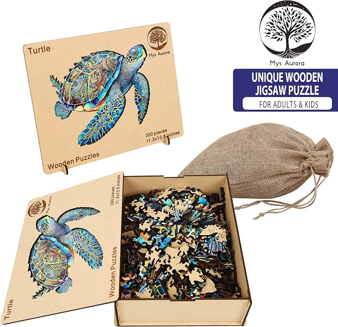 Mys Aurora Wooden Puzzles, Sea Turtle Jigsaw Puzzles 300 Pieces | 5MM Unique Shaped Wooden Puzzle for Adults and Kids, Family Game 11.3 x 13.8 Inch