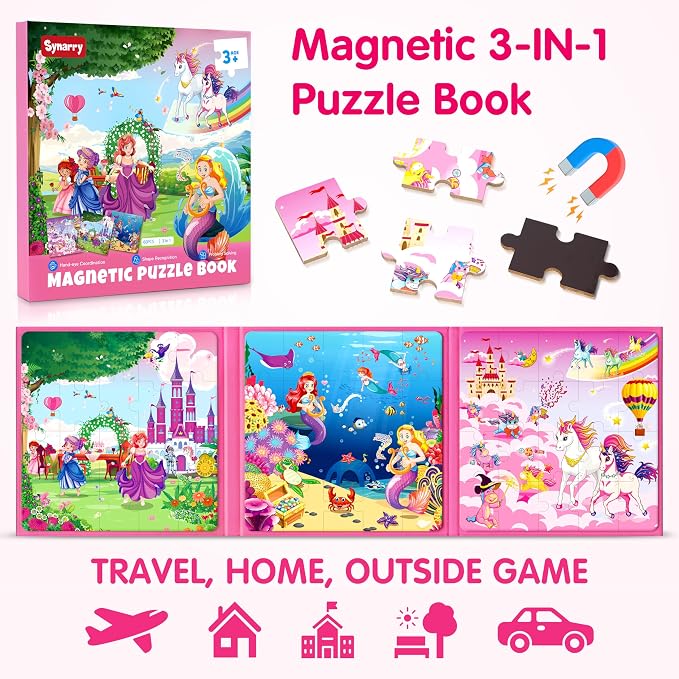 SYNARRY Unicorn Mermaid Princess Magnetic Puzzles for Kids 3-5, Travel Toys | 20-Piece Magnetic Travel Puzzle for Kids Ages 4-6, Car Airplane Road Trip Activities, Quiet Time Toys, Girls Birthday Gifts