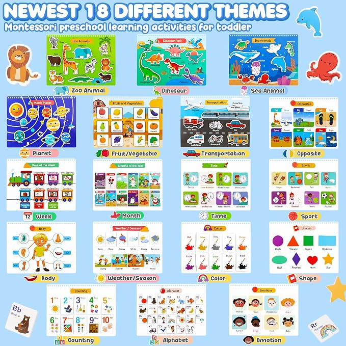 Busy Book for Toddlers 3-5, 36 Montessori Preschool Learning Activities | 36 Activities with Matching, Tracing and Coloring, Plus 8 Markers and 184 Stickers for Travel, Homeschool and Quiet Time
