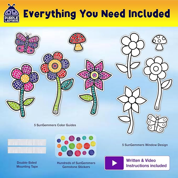 SunGemmers Suncatcher Kit for Kids, Mess-Free Crafts for Kids Ages 4-8 | 5 Designs, Hundreds of Peel & Stick Colorful Gems, Hand-Eye Coordination, Screen-Free Activity, 5 Year Old Girl Birthday Gift