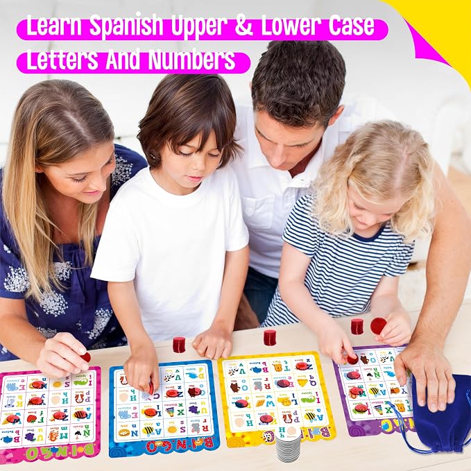 SpriteGru Spanish Bingo Game, 12 Bingo Board Spanish Letters, Numbers & Words Vocabulary Game, Early Educational Toys for Learning - Ages 4 and up, Perfect for Classroom & at Home (Up to 12 Players)