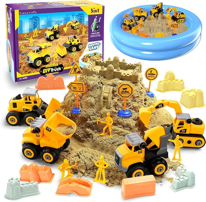 YIDESTARS Sensory Bin – Large Take Apart Trucks for Toddlers 3+ | 2.2lbs sensory sand, 4 trucks (dump/excavator/bulldozer/mixer), 8 figures, road signs, 8 molds, gift for boys girls