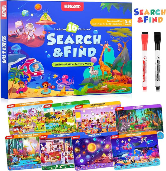 BBWOO Search and Find Activity Book, Reusable Travel Game Toys for Kids 3-8 | Car Airplane Road Trip Activities for Kids Games, Preschool Learning Activities, Educational Seek Game,Gifts for Boys Girls