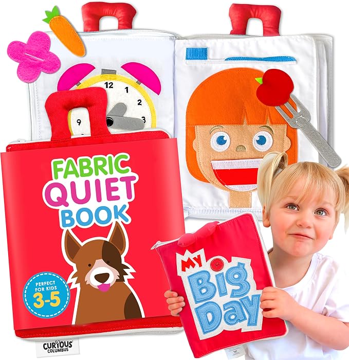 Curious Columbus My Big Day Quiet Book, Fabric Busy Book for Travel (Red) | 10 Interactive Pages, Color Matching, Counting, Buttons, Zippers, Buckles and Lacing, Book Zips Closed with Carry Handles