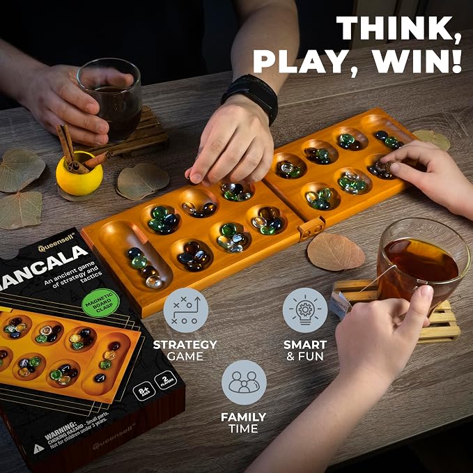 Mancala Board Game for Kids and Adults – Wooden Folding Mancala Set with Magnetic Lock and 56 Stones – Classic Strategy Board Game Travel Size