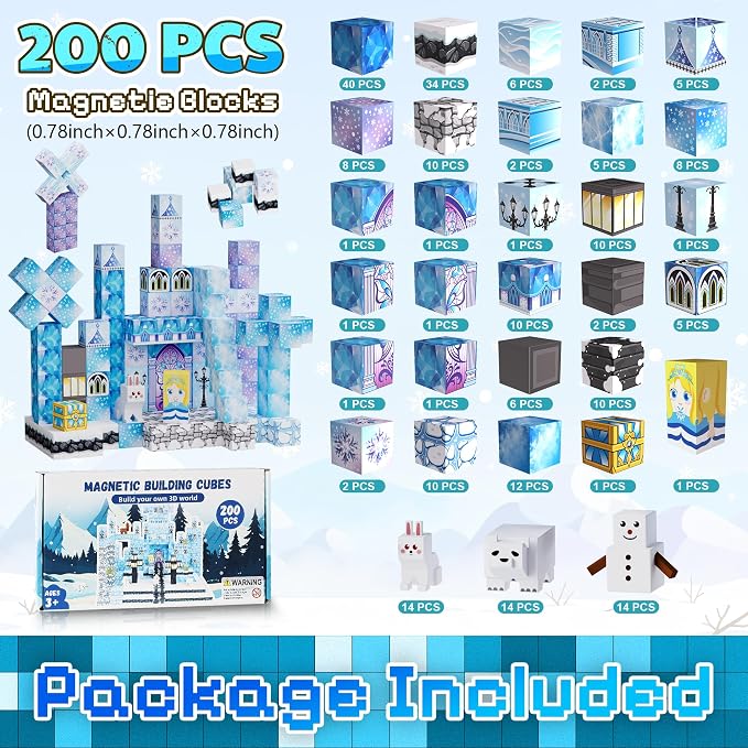 200PCS Magnetic Blocks, Magnetic Building Blocks, 0.78in Magnetic Building | STEM Game Stacking Toys for Kids, Birthday Gifts for Boys and Girls Age 3+ Years Old (ICE, Count, 200)