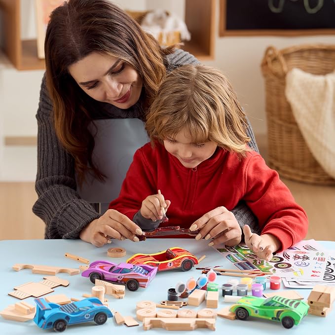 Klever Kits 4 DIY Wooden Race Cars-Build & Paint Your Own Wood Craft Kit, 4 Race Cars Toy, Easy to Assemble Arts Crafts Kit, Birthday Party Presents for Kids Boys and Girls (Pack of 3)