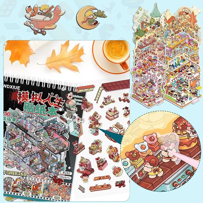 Scene Sticker – 20 Sets of DIY 3D House Scenes Cute Cartoon Stickers Kit for Kids & Adults – Fun Sticker Therapy Activity for Stress Relief, Crafts & Gifts (Black - 20 Set)