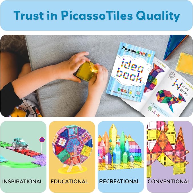 PicassoTiles Magnetic Tile Idea Book, 300 Builds Illustrated Guide, Ages 3+ | 230 pages, bright step-by-step visuals, difficulty scale, STEM skills, race track and marble run inspiration, screen-free fun