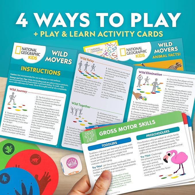 National Geographic Kids Wild Movers Animal Activity Game for Toddlers | Animal Movement Game, Dice and Landing Pads, 4 Ways to Play, Active Preschool Play, Play & Learn Cards, Ages 3+