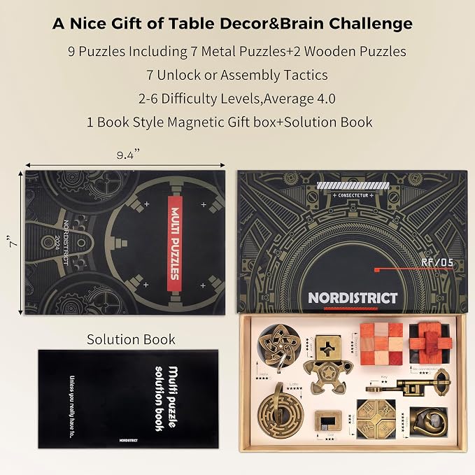 9PCS Metal Brain Teaser Puzzle Set, 3D Disentanglement Interlocking IQ Brain Puzzles for Adults & Teens, Fidget Desk Toy, Stress Relief Gift for Birthday, Christmas, Holiday & Family Party