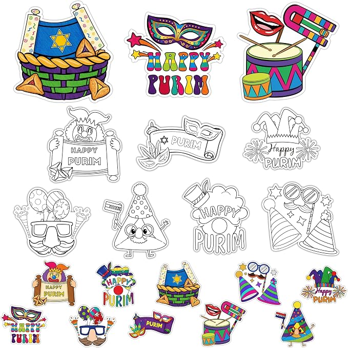 Purim Coloring Craft Kit - 30Pcs Happy Purim Color Your Own Magnets for Kids Blank DIY Coloring Fridge Magnets for Jewish Purim Carnival Holiday Party Supplies School Classroom Activities Decor