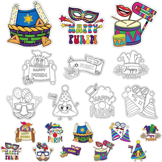 Purim Coloring Craft Kit - 30Pcs Happy Purim Color Your Own Magnets for Kids Blank DIY Coloring Fridge Magnets for Jewish Purim Carnival Holiday Party Supplies School Classroom Activities Decor