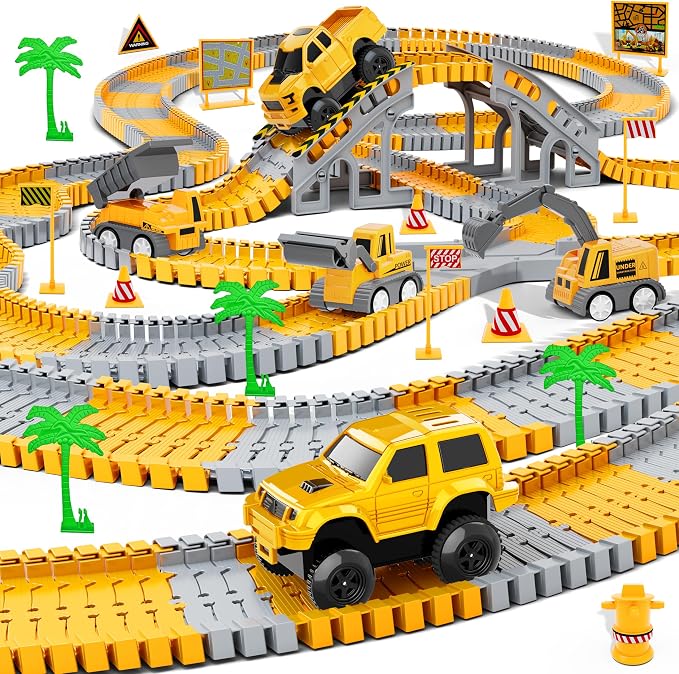 Kids Toys 253 PCS Construction Race Tracks, Create A Engineering Road Game | 5 PCS Construction Truck Cars, DIY Flexible Track Play Set, Birthday Xmas Gifts Toy for 3 4 5 6 7 8 Year Old Boys Girls