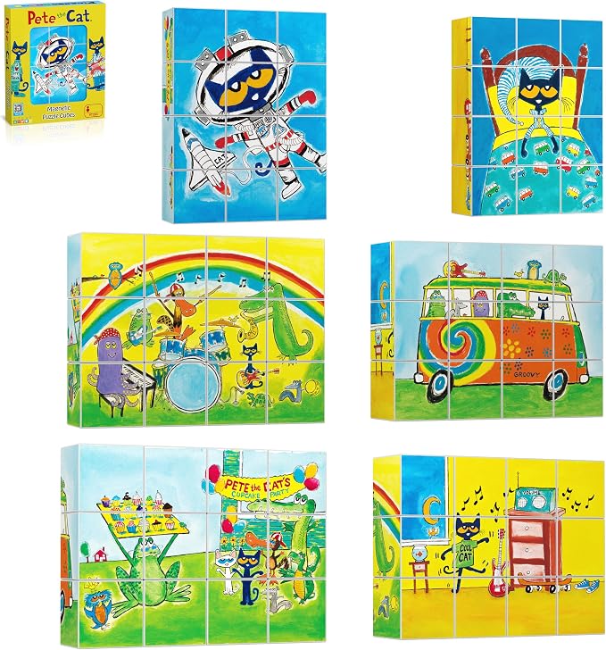 PicassoTiles Magnetic Tiles Pete the Cat Magnet Puzzle Cube Set 6 Cartoon Theme Mix and Match Brain Teaser STEM Educational Toy for Kids Toddlers Preschool Age 3 Plus Sensory Learning Play Kit PTC03