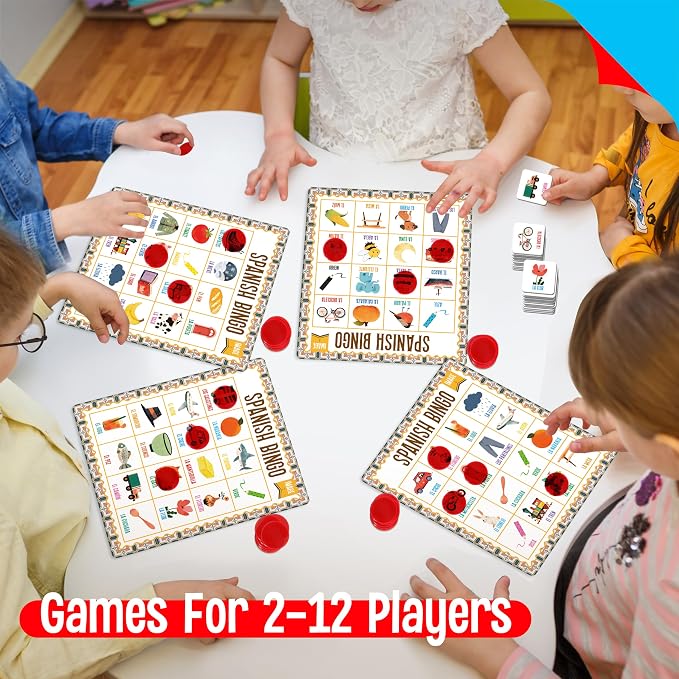 SpriteGru Spanish Bingo Game, 12 Vocabulary Bingo Board Game Bilingual Word Learning Educational Toys for Words Learning - Ages 5 and up (Up to 12 Players)
