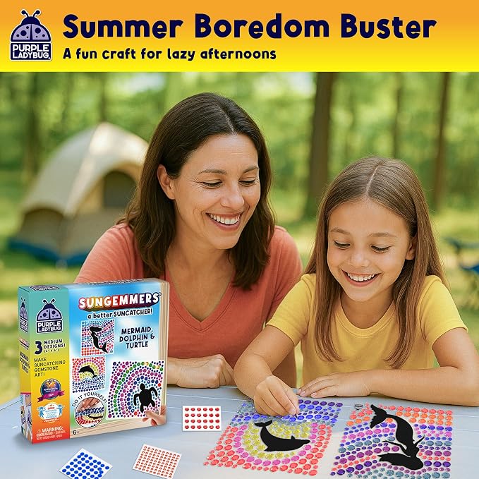 SunGemmers Suncatcher Kit for Kids Ages 5+, Peel & Stick Diamond Gem Art | Mess-Free Window Art Kit for Kids, Screen-Free Activity, Birthday Gifts for Girls, 3 Designs Summer Crafts