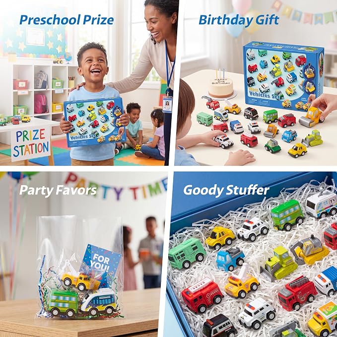 JOYIN 18 Pcs Pull Back City Cars and Trucks Toy Vehicles Set, Friction Powered Mini Cars Toys for Kids, Party Favors for Kids 3-5, Birthday Gifts for Boys and Girls, Goodie Bag Stuffers