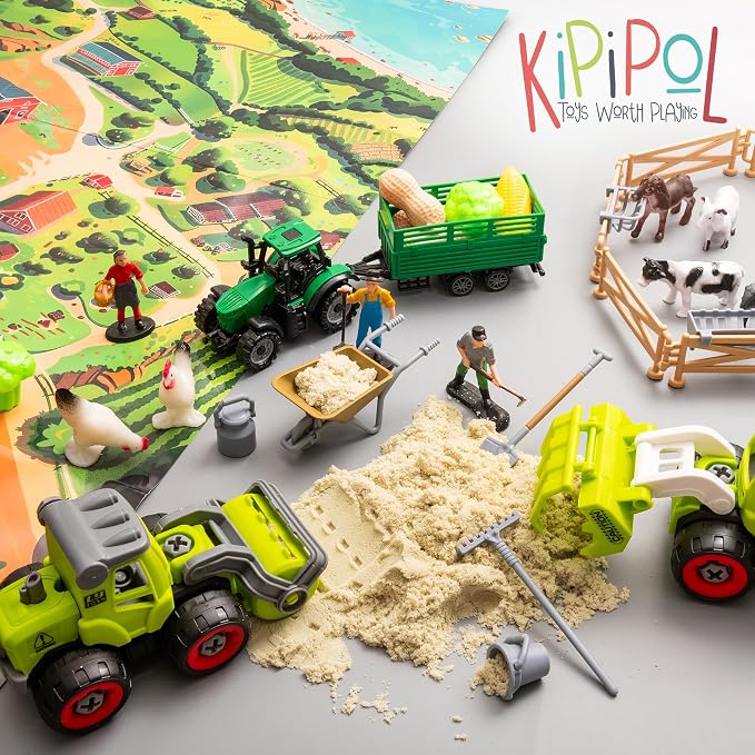 59 PCS Farm Sensory Bin - Sandbox with Lid, 2.2 LB Sensory Sand Kit for Boys, Toddler Farm Toys, 3 Take Apart Construction Trucks -Sensory Toys for Kids 5-7, 3-4 & Up- Kids Gifts for Boys and Girls