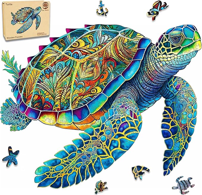 Mys Aurora Wooden Puzzles, Sea Turtle Jigsaw Puzzles 200 Pieces | FSC Certified 5MM Unique Shaped Wooden Puzzle for Adults and Kids, Birthday Gift Family Game 9.2 x 11.2 Inch