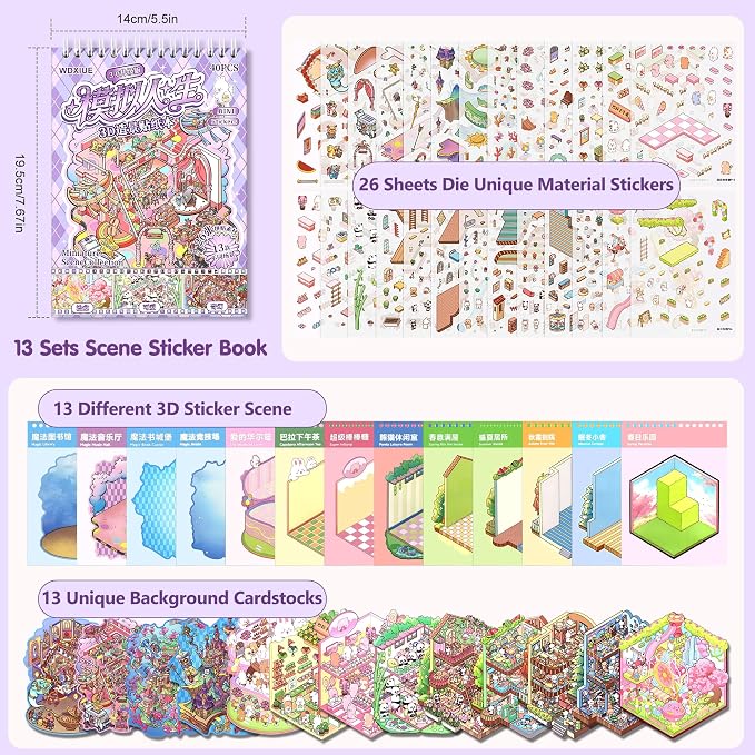 Scene Sticker – 20 Sets of DIY 3D House Scenes Cute Cartoon Stickers Kit for Kids & Adults – Fun Sticker Therapy Activity for Stress Relief, Crafts & Gifts (Purple-13 Scene)