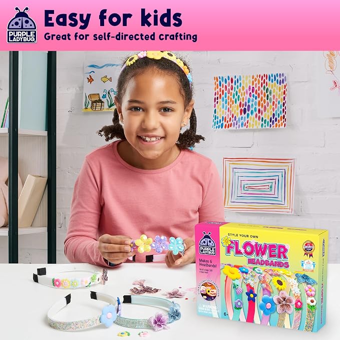 PURPLE LADYBUG Flower Headband Making Kit for Girls - Summer Toys for Kids Ages 4-8, Summer Crafts for Kids, 6 Year Old Girl Birthday Gift, Hair Accessories for Girls, Decorative Craft Activity Set