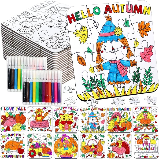 Thanksgiving Fall Arts & Crafts for Kids Autumn DIY Party Favors Puzzle Kit | 24Pcs Fall Craft Jigsaw Pumpkin Turkey, Thanksgiving Harvest Activities Classroom Gift School Coloring Game Toy Supplies Bulk