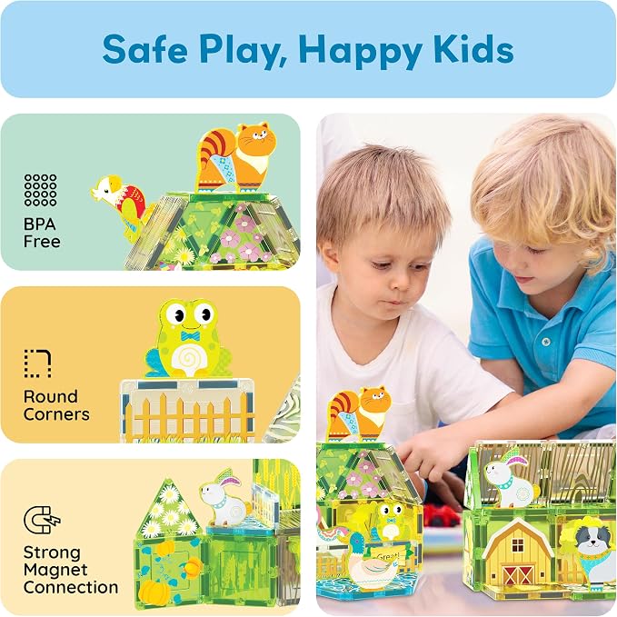PicassoTiles 26 Piece Magnetic Tiles, Fall Farm Set with 8 Animals, Ages 3+ | 18 printed autumnal designs, rabbit, duck, parrot, frog, unicorn, cat, cow, dog, BPA-free, full-size compatibility, STEM play