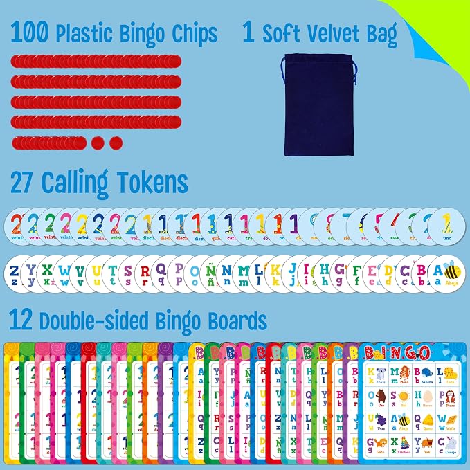 SpriteGru Spanish Bingo Game, 12 Bingo Board Spanish Letters, Numbers & Words Vocabulary Game, Early Educational Toys for Learning - Ages 4 and up, Perfect for Classroom & at Home (Up to 12 Players)