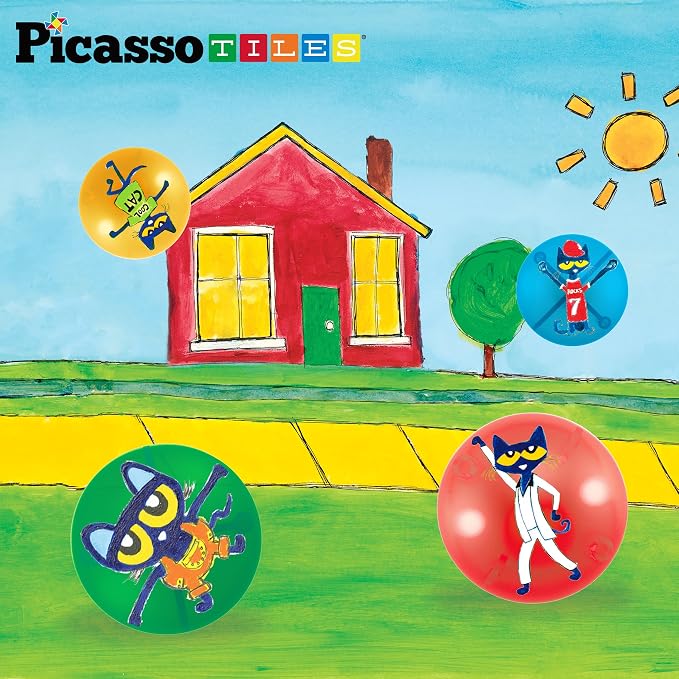 PicassoTiles Magnet Marble Run Tiles Pete The Cat Themed Character Marbles for Magnetic Building Block Construction Tile Maze Structures STEM Learning Pretend Play Fun Toys Girls Boys Ages 3+ PTG02
