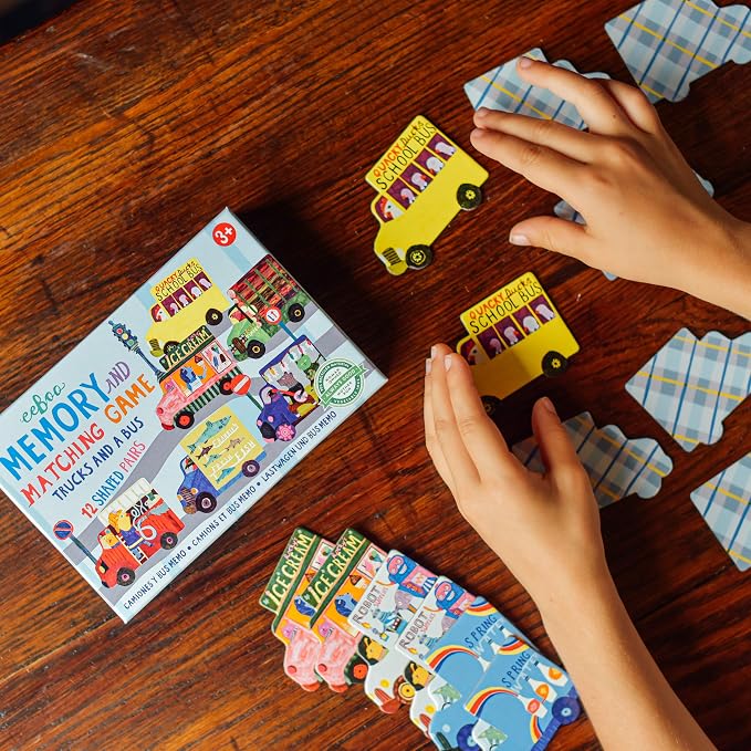 eeBoo Little Trucks and a Bus Memory & Matching Game, Ages 3+, 1-4 Players | Introduces trucks & buses. Sharpens recognition, concentration & memory skills. Includes 24 vehicle tiles, 12 pairs