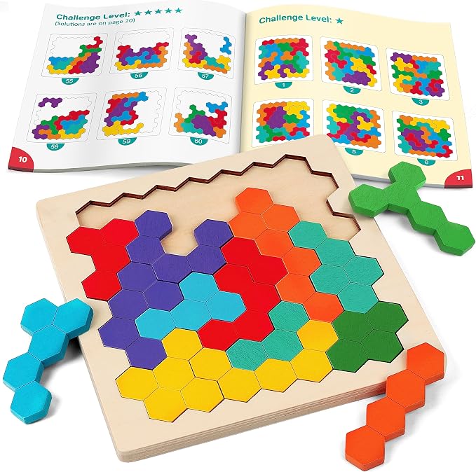 Coogam Wooden Tangram Puzzle, Color Shape Pattern Jigsaw Brain Teasers 3D Logic IQ Game Geometric Blocks Montessori STEM Educational Toys Gift for All Age