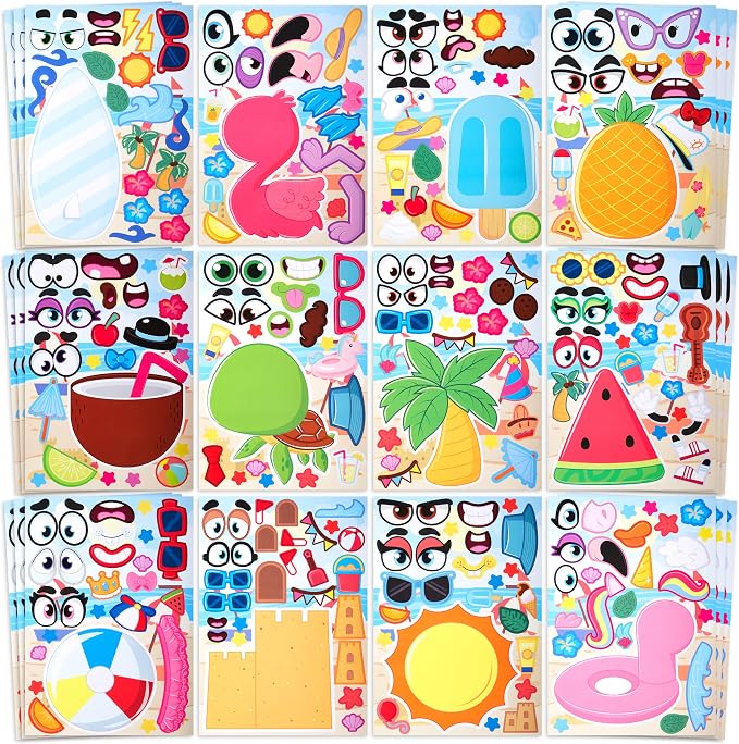 JOYIN 36 Pcs 9"x6" Summer Make a face Stickers for Kids, Make Your Own Hawaii Pool Beach Sticker Sheets, Luau Craft Party Decor, Summer Holiday Party Favors Kids Crafts, Goodie Bags Stuffers