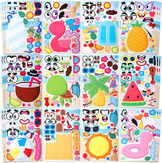 JOYIN 36 Pcs 9"x6" Summer Make a face Stickers for Kids, Make Your Own Hawaii Pool Beach Sticker Sheets, Luau Craft Party Decor, Summer Holiday Party Favors Kids Crafts, Goodie Bags Stuffers