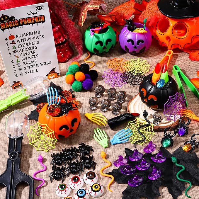 232Pcs Halloween Sensory Bin Filler Fine Motor Sensory Toys Include Cards Witch Finger Eyeball Bat Pumpkin Fillers for Counting Sorting Training