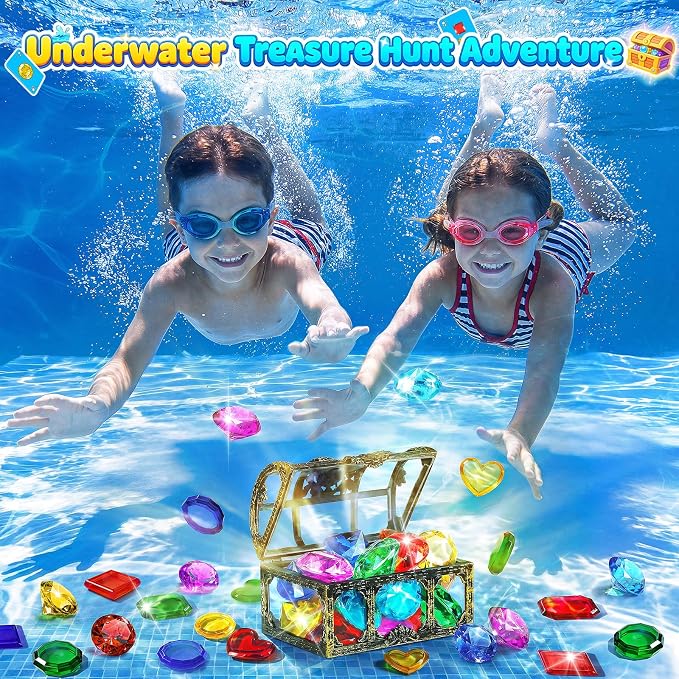 Diving Toys for Kids, Seek Treasure Underwater Pool Gem Hunt Pool Game | with 60PCS Sinking Gems, Pirate Treasure Chest, 35PCS Game Cards, Summer Swimming Pool Toys for Toddlers Kids Age 3-10