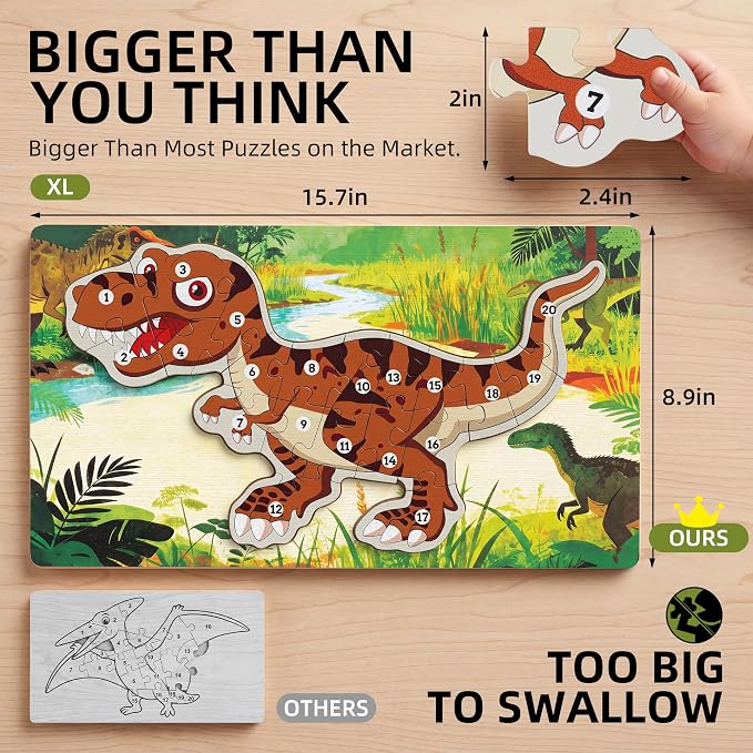 3 Pack 15.7"×8.9" Extra-Large Dinosaur Wooden Puzzle for Toddlers Age 3-5 | XL 3D Wooden Puzzle, Learn Numbers 1-20, Vivid UV Print, Non-Toxic Paint, CPC Certified, T-Rex Stegosaurus Triceratops