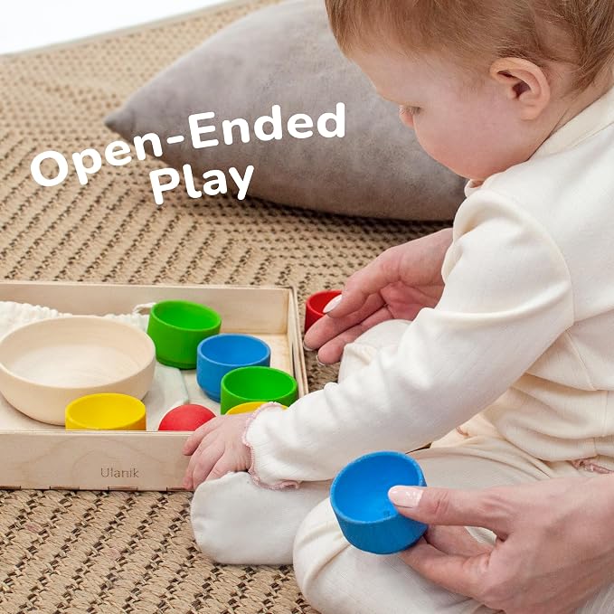 Ulanik Balls in Nests Starter Kit Montessori Toys for 1 Year Old | Open-ended wooden nesting set; 4 primary colors; tray and bag for easy storage