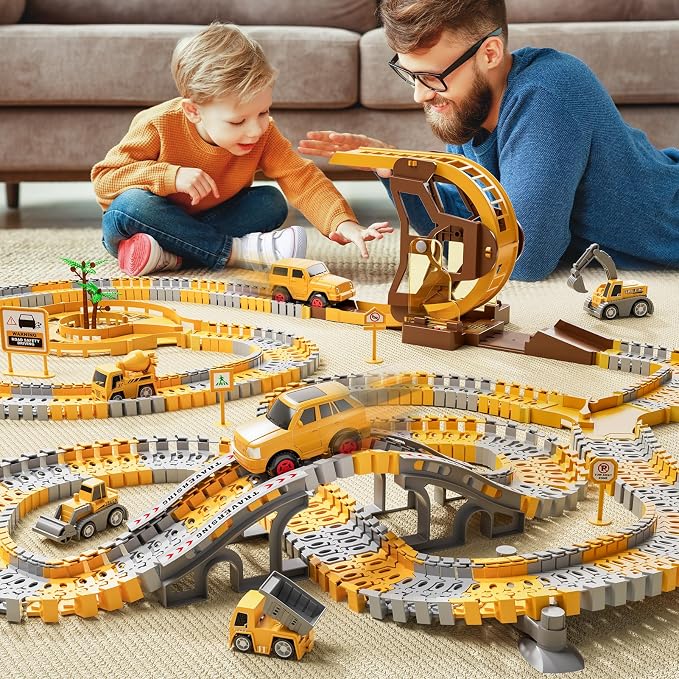 iHaHa 299 PCS Construction Race Tracks Boys Toys, 6 PCS Engineering Cars and Flexible Race Track Playset Create A Engineering Road Gifts Toys for 3 4 5 6 Year Old Boys Kids
