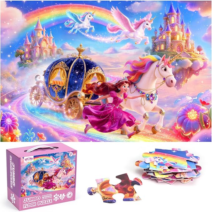 BenBen Floor Puzzles for Kids Ages 4-6, 2 x 3 Feet Unicorn Princess Puzzle | 48 Pieces Extra-Thick Large Piece Jumbo Jigsaw Puzzle for Toddlers, Preschool Educational Toy with Storage Box for Girls Boy