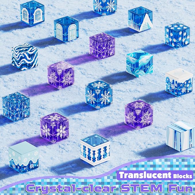 Magnetic Blocks, 45pcs Travel Toys Building Set with Magnetic Tin Box, Transparent & Light Up Magnet Cubes for Blue Snow Castle Build, Princess Toy Birthday Gift for Kid Girl 3+
