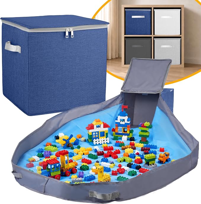 SAM AND MABEL Toy Storage Organizer with Play Mat for Kids – 13" x 13" x 13" Storage Box, Stackable and Foldable Cubby Baskets for Playroom, Nursery Bins for Boys and Girls (Noble Blue)