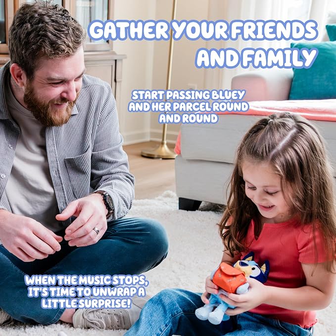 Bluey Pass the Parcel Musical Game, Soft 8" (20cm) Plush, Game for Kids | Huggable fun family game, children's party game or preschool game, three interactive kids games to play, including hot botato