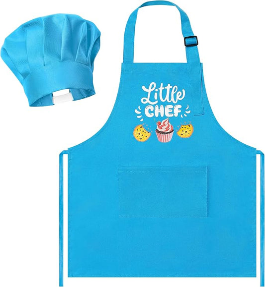 R HORSE 2 Pieces Kid Apron and Chef Hat Set, Dress up Role Play Chef Toy | Small Size, Adjustable, Little Chef Blue Kitchen Apron, Ideal for Cooking, Baking, Painting, Kid Funny Birthday Cooking Gift