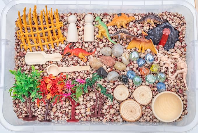 Dinosaur Sensory Bin Kit for Kids | Taste-Safe Pinto Beans, Fossil Skeletons, Trees, Volcano & Durable Wooden Tools – Includes Storage Bin