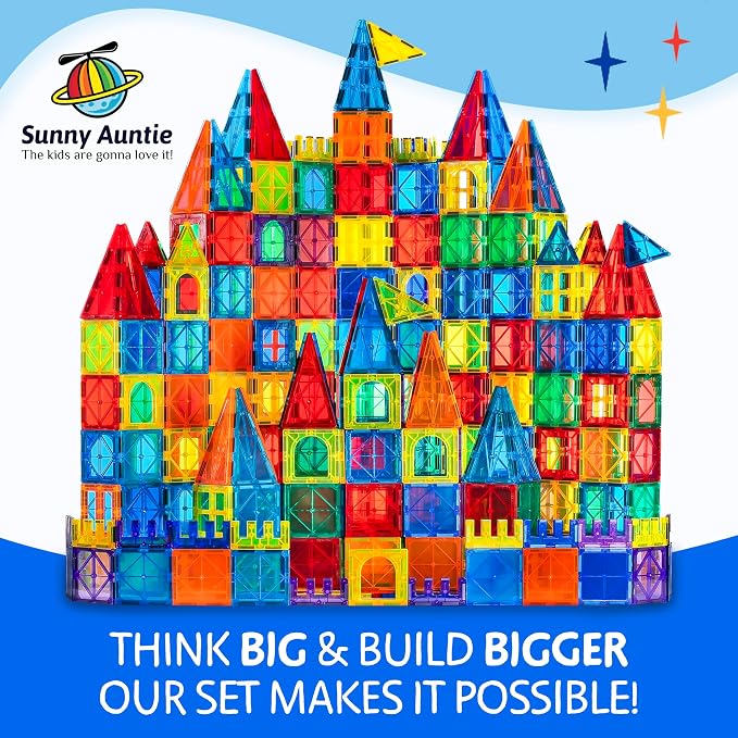 SUNNY AUNTIE Magnetic Tiles STEM Toys Building Set, Ages 3+ - 150 Pieces | Magnetic Tiles Building Toys, STEM Toys, Magnetic Blocks Construction Set, with 2 Cars & Guide Booklet for Kids Ages 3+