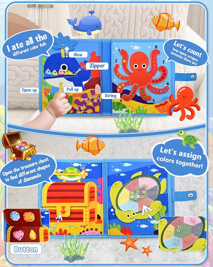Ocean Busy Board for Toddlers 1-3 - Montessori Learning Toy with Sea Animals & Life Skills, Travel Book for 1 2 3 Year Old Boys Girls, Educational Toddler Toy for Car & Airplane Travel