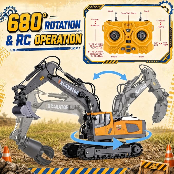 Remote Control 3-in-1 Excavator Toys, 13 Channel 1:20 RC Construction Truck | 680°Rotation, RC Car Digger Vehicles Toys, Christmas Birthday Gifts for 3 4 5 6 7 8 9 10 11 12 Year Old Boys Girls Kids
